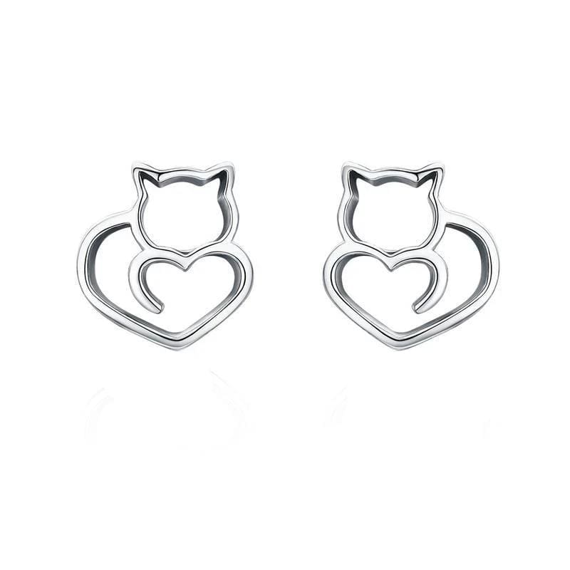 Earrings Classy Cat Heart Stud Earrings Silver
