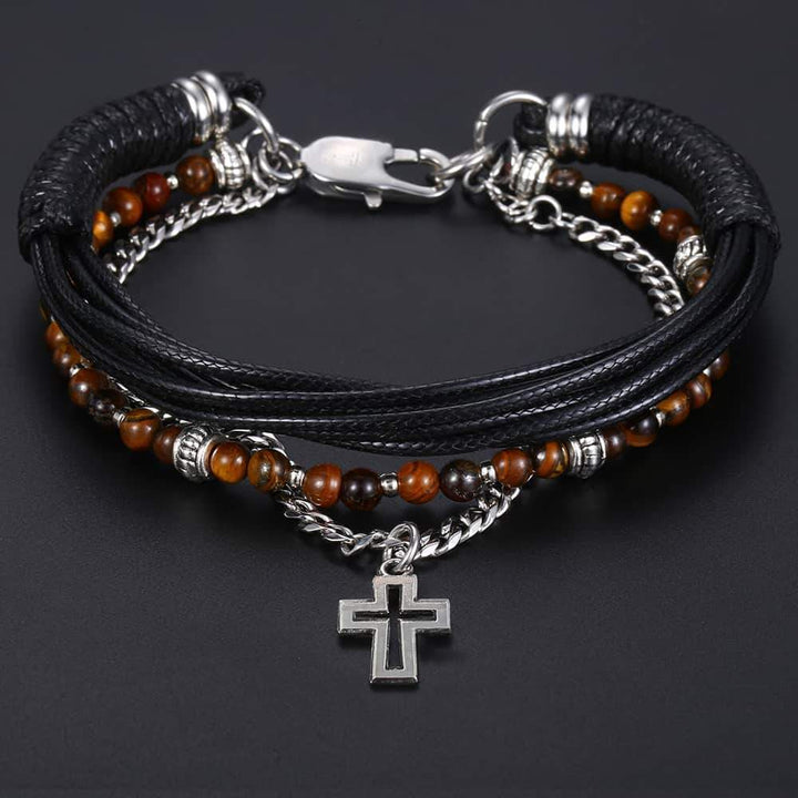 Leather Bracelets Mens Leather Cross Pendant Bracelet DLB71 / WH1