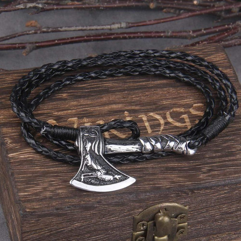 Valknut Axe Amulet Charm Leather Bracelet bracelet by Unique Leather Bracelets
