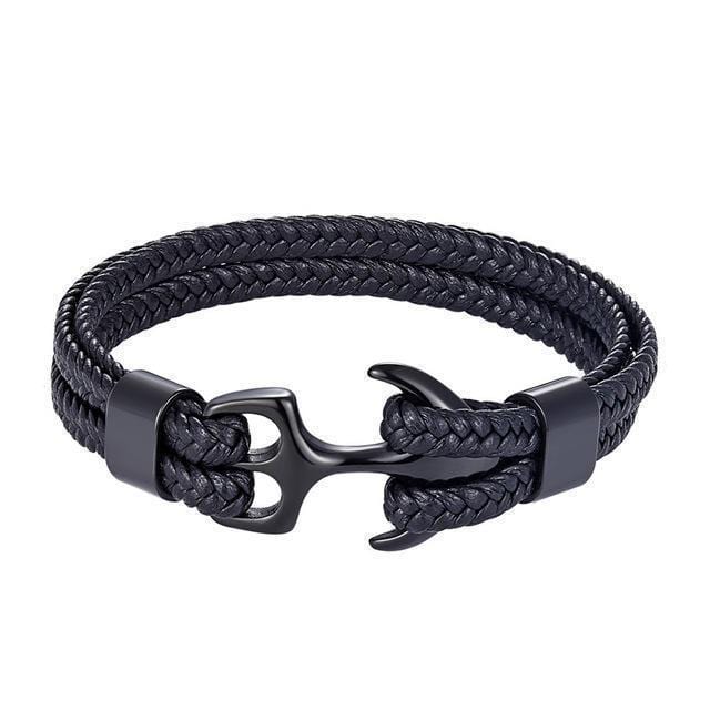 Titanium Anchor Leather Bracelet Leather Unique Leather Bracelets Black 19cm 