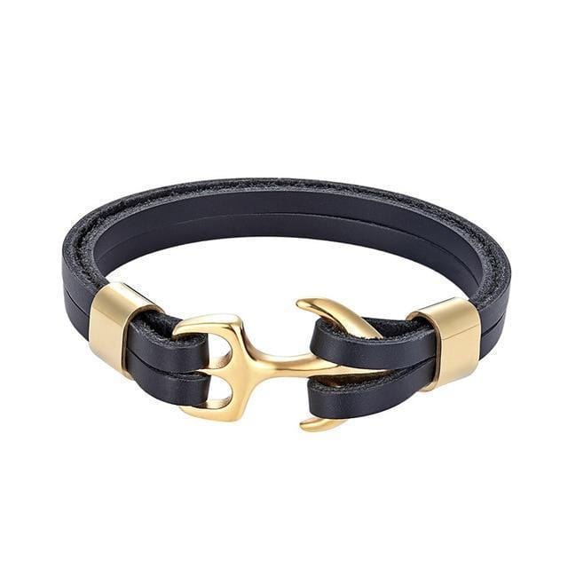Titanium Anchor Leather Bracelet Leather Unique Leather Bracelets Gold/Black 19cm 