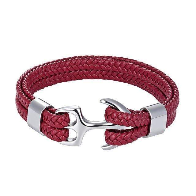 Titanium Anchor Leather Bracelet Leather Unique Leather Bracelets Red/Silver 19cm 
