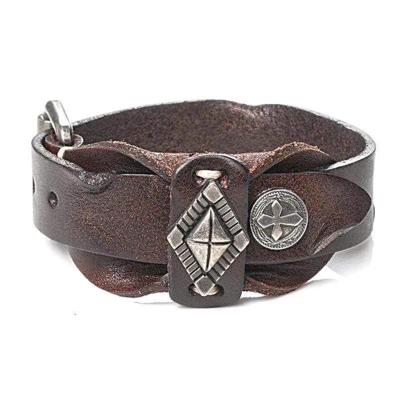 Mens Leather Bracelet Brown Tribal Cross Leather Cuff Bracelet 2in / Brown