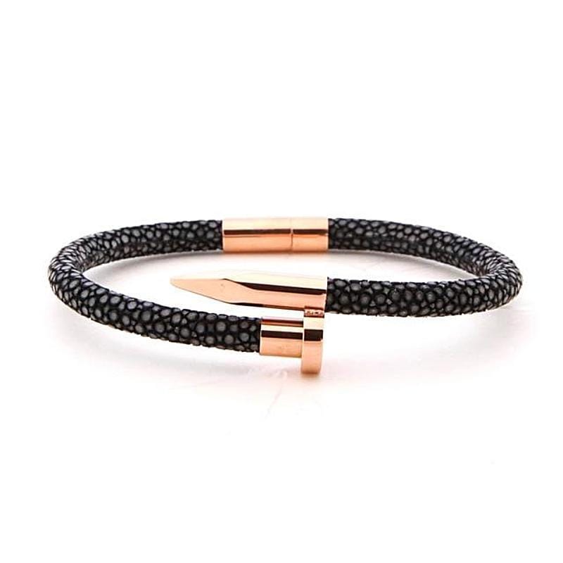 Mens Leather Bracelet Mens Exotic Luxury Leather Classic Nail Bracelet Black/Rose Gold / 16cm