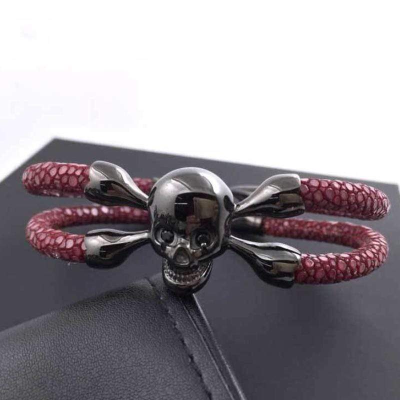 Luxury Leather Red Eye Crossbones Leather Unique Leather Bracelets   
