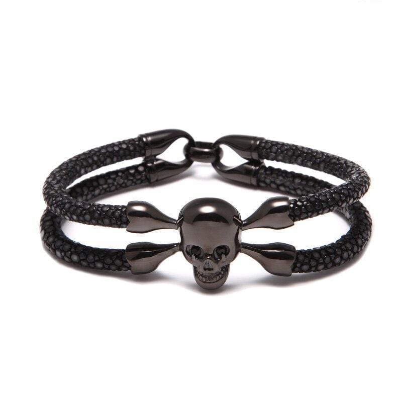 Luxury Leather Red Eye Crossbones Leather Unique Leather Bracelets Black 16cm 