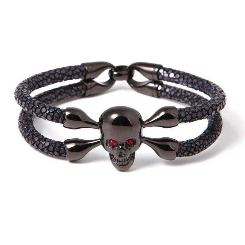 Luxury Leather Red Eye Crossbones Leather Unique Leather Bracelets Black/Black 16cm 