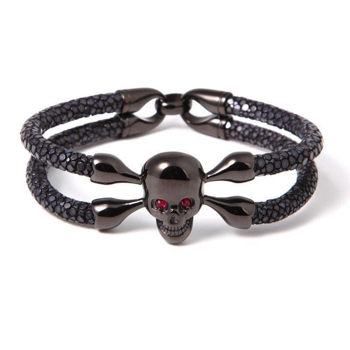 Luxury Leather Red Eye Crossbones Leather Unique Leather Bracelets Black/Black 16cm 