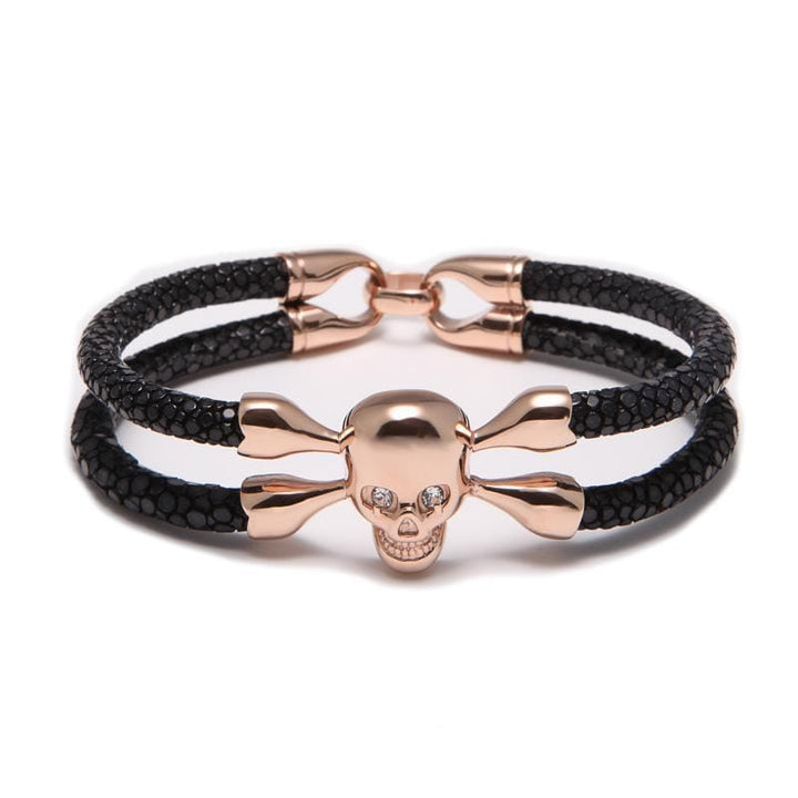 Luxury Leather Red Eye Crossbones Leather Unique Leather Bracelets Black/Rose Gold 16cm 