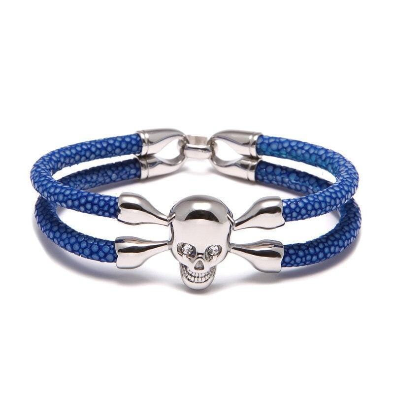 Luxury Leather Red Eye Crossbones Leather Unique Leather Bracelets Blue/Silver skull 16cm 