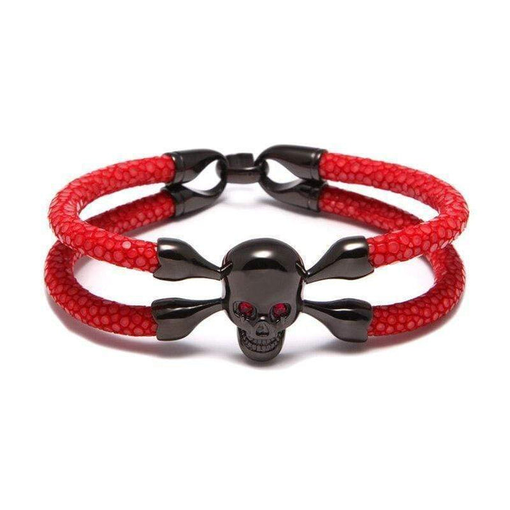 Luxury Leather Red Eye Crossbones Leather Unique Leather Bracelets Red/Black 16cm 