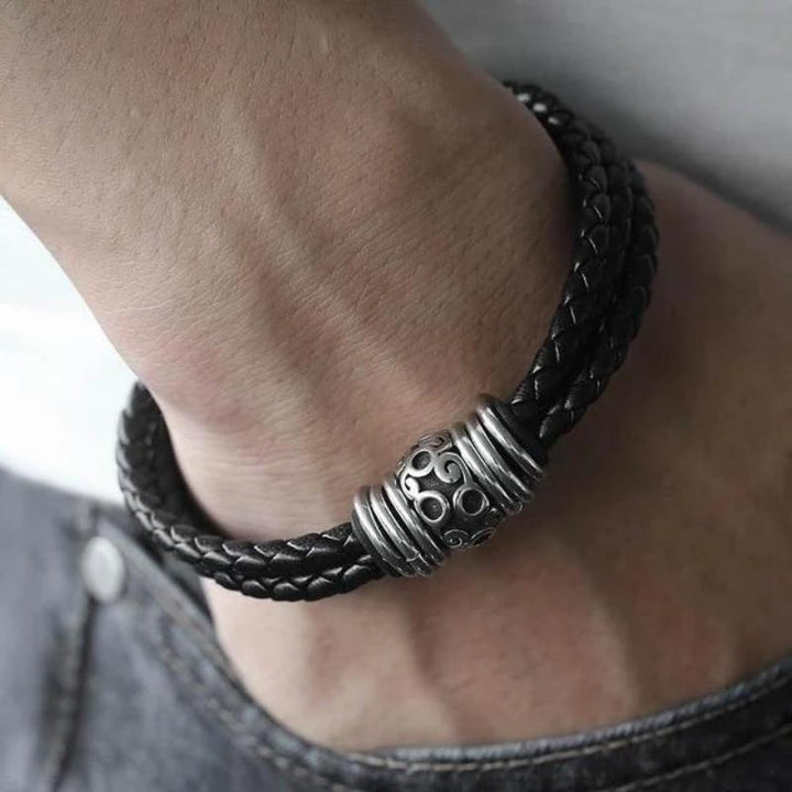 Mens Leather Bracelet Mens Vintage Braided Leather Bracelets Black/Silver / 21.5cm (8.5inch)