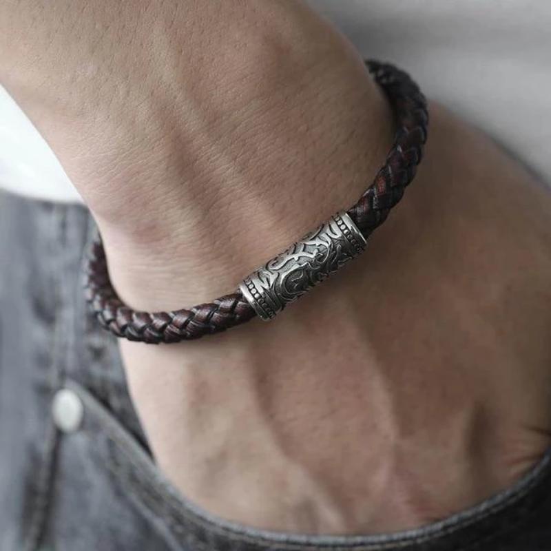 Mens Leather Bracelet Mens Vintage Braided Leather Bracelets Brown/Silver / 21.5cm (8.5inch)