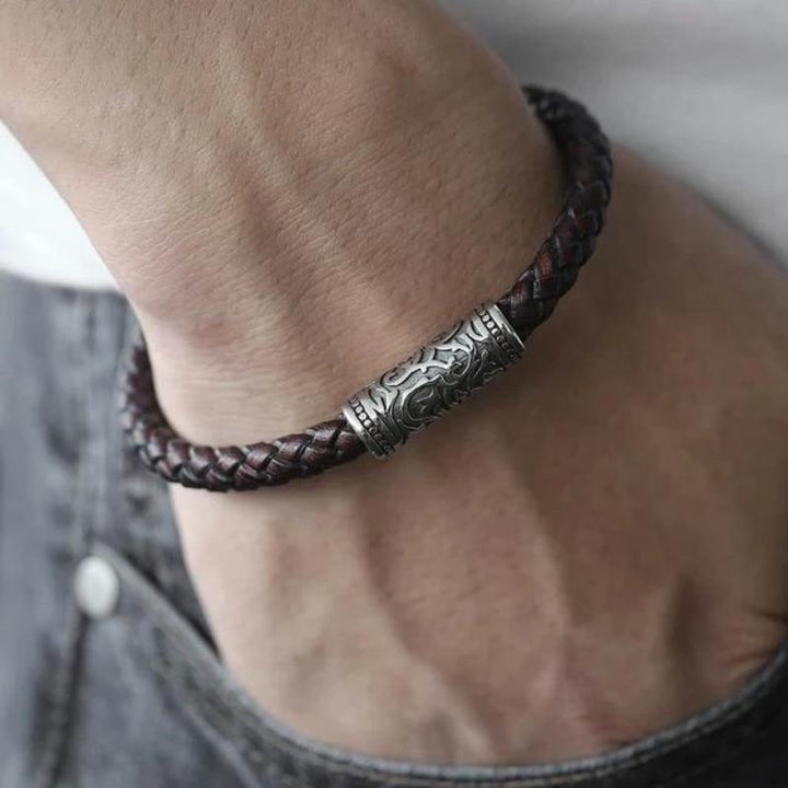 Mens Leather Bracelet Mens Vintage Braided Leather Bracelets Brown/Silver / 21.5cm (8.5inch)
