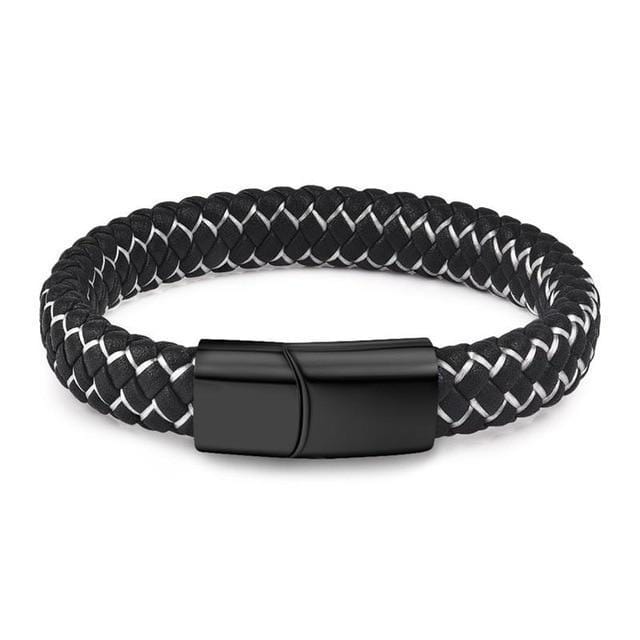 Mens Leather Bracelet Rustic Magnetic Leather Bracelets Black/Black/White / 18.5cm