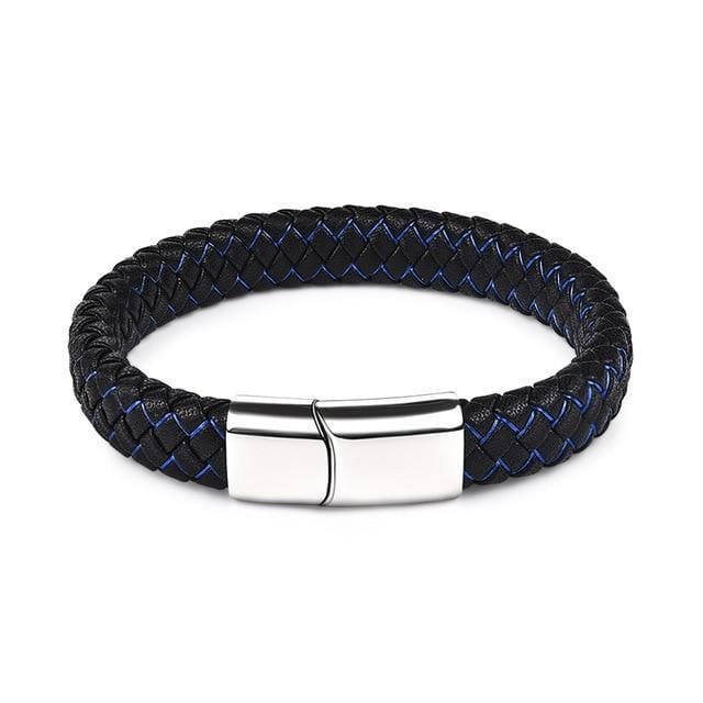 Mens Leather Bracelet Rustic Magnetic Leather Bracelets Blue/Silver / 22cm
