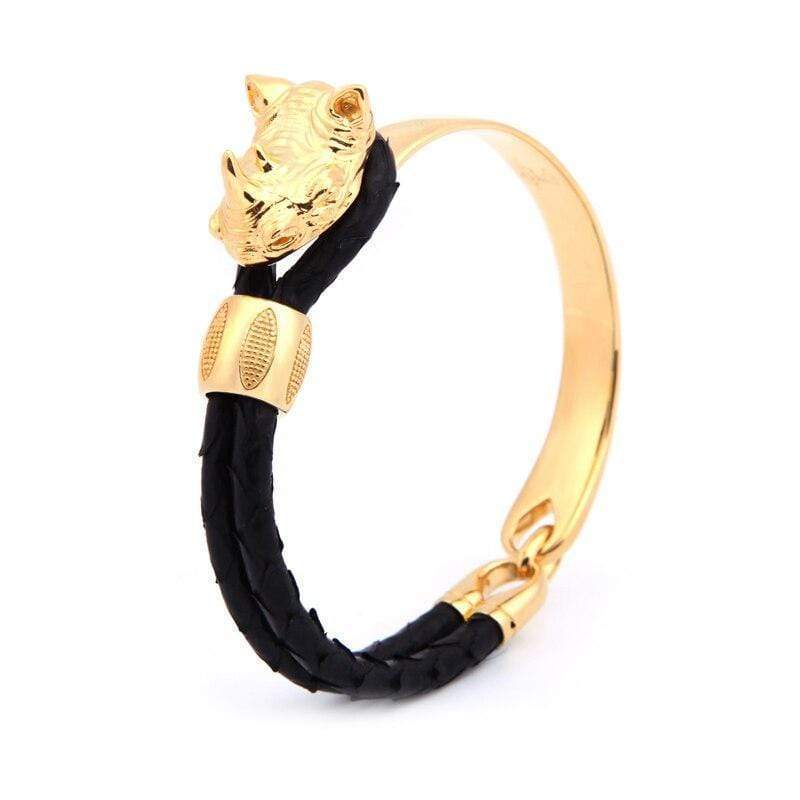 Rhinoceros of Courage Luxury Leather Bracelet Leather Unique Leather Bracelets Black/Gold 17.5cm 