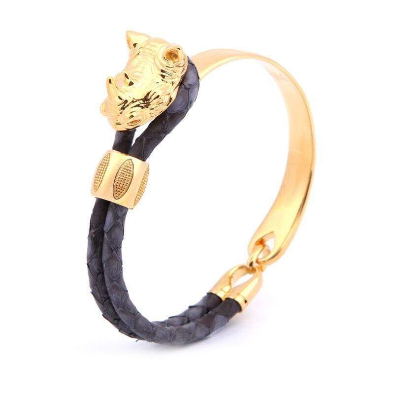 Rhinoceros of Courage Luxury Leather Bracelet Leather Unique Leather Bracelets Gray/Gold 17.5cm 
