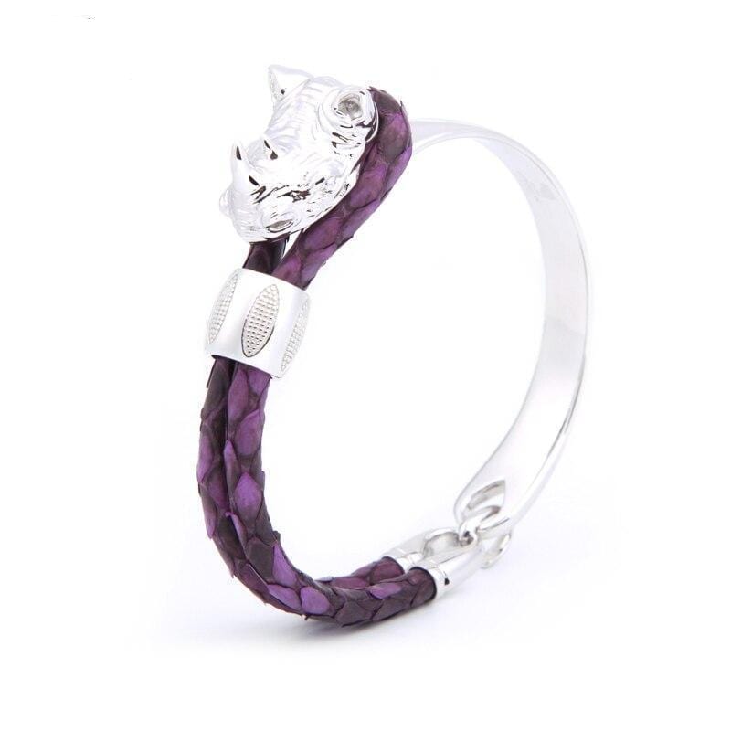 Rhinoceros of Courage Luxury Leather Bracelet Leather Unique Leather Bracelets Purple/Silver 17.5cm 