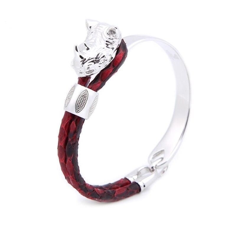 Rhinoceros of Courage Luxury Leather Bracelet Leather Unique Leather Bracelets Red/Silver 17.5cm 