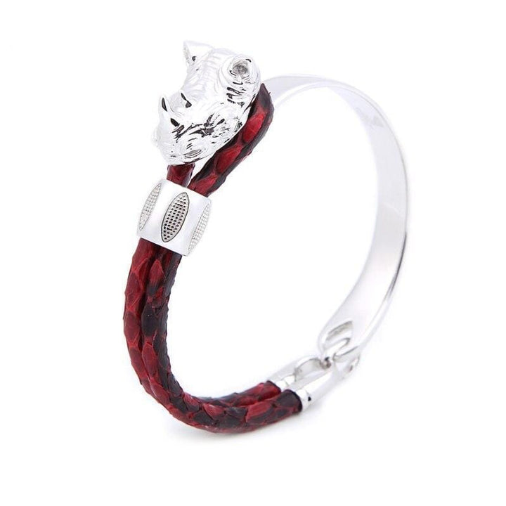Rhinoceros of Courage Luxury Leather Bracelet Leather Unique Leather Bracelets Red/Silver 17.5cm 