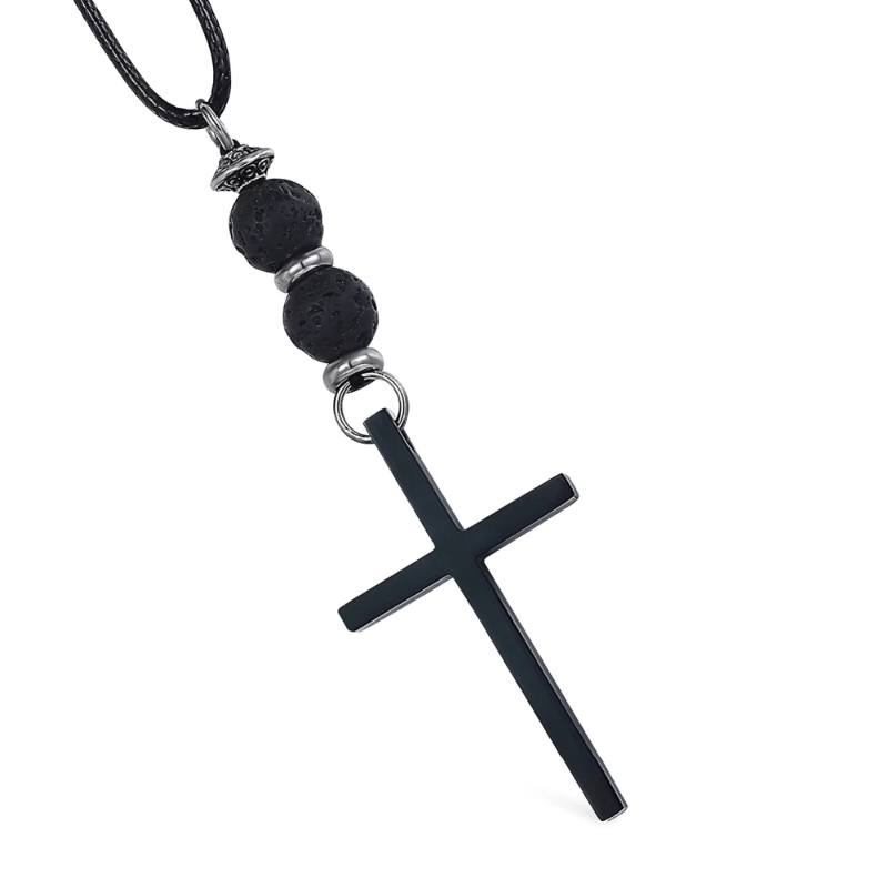 Necklaces Mens Lava Stone Black Leather Cross Necklace Black