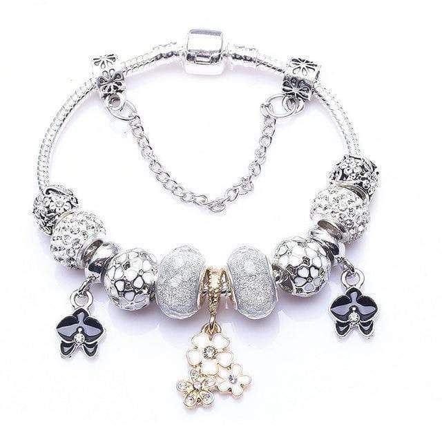 Flower Colourful Beads Charm Bracelet Charm Unique Leather Bracelets Silver/C001 16cm 