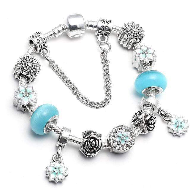 Flower Colourful Beads Charm Bracelet Charm Unique Leather Bracelets Silver/C012 16cm 