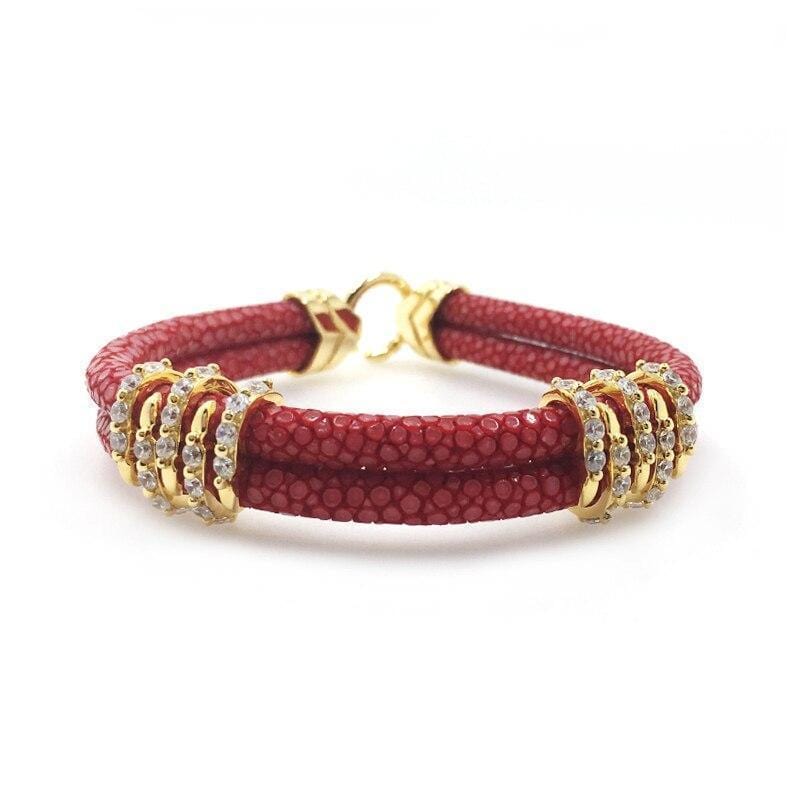 Rose Red Studded Luxury Leather Bracelet Leather Unique Leather Bracelets Red/Gold 16cm 
