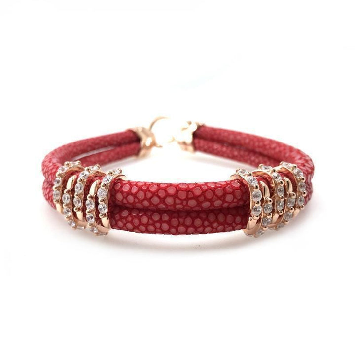 Rose Red Studded Luxury Leather Bracelet Leather Unique Leather Bracelets Red/Rose Gold 16cm 